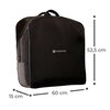 Na zdjęciu znajduje się czarna torba z logo "Kinderkraft" na środku, z widocznymi wymiarami: 52,5 cm wysokości, 60 cm szerokości i 15 cm głębokości. Torba ma uchwyt na górze i zamek błyskawiczny z boku.