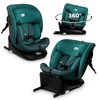 Zielony fotelik samochodowy KINDERKRAFT I-Grow I-Size 40-150 cm (0-36 kg) jest przedstawiony w trzech różnych ujęciach, z widocznym logo "kk" oraz napisem "Kinderkraft". Na jednym z ujęć znajduje się strzałka z napisem "360°", wskazująca na możliwość obro