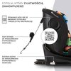 Na zdjęciu znajduje się fotelik samochodowy z kolorowym wzorem, z widocznym logo "Kinderkraft" oraz tekstem: "Fotelik, który z łatwością zamontujesz!", "Zeskanuj kod QR ze skorupy fotelika i przeczytaj instrukcję!", "Top tether ze wskaźnikiem poprawnego m