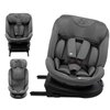 Szary fotelik samochodowy KINDERKRAFT Xpedition 3 I-Size 40-150 cm (0-22 kg) jest widoczny z różnych perspektyw, z wyraźnie zaznaczonymi pasami bezpieczeństwa i logo Kinderkraft. Fotelik ma ergonomiczny kształt i solidną podstawę, a na materiale widoczne 