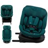 Zielony fotelik samochodowy KINDERKRAFT Xpedition 3 I-Size 40-150 cm (0-22 kg) z widocznymi pasami bezpieczeństwa i logo producenta na siedzisku. Fotelik jest przedstawiony z różnych perspektyw, ukazując jego konstrukcję i detale.