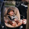 Na zdjęciu znajduje się fotelik samochodowy w kolorze zielonym z dzieckiem w środku, zamontowany w samochodzie. Na zdjęciu widoczny jest tekst: "OBROTOWY FOTELIK – JEDEN SZYBKI RUCH, KTÓRY UŁATWIA PODRÓŻE" oraz symbol "360°".