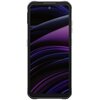 Smartfon z czarną obudową i dużym ekranem, na którym widoczne są abstrakcyjne, fioletowo-czarne wzory. Na górze ekranu znajduje się mały otwór na kamerę.