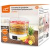 Pudełko przedstawia suszarkę do grzybów i produktów spożywczych z pięcioma przezroczystymi tackami, wypełnionymi kolorowymi plasterkami owoców. Na opakowaniu widnieje napis: "Suszarka do grzybów i produktów spożywczych LXSRO03", a także informacje o mocy 
