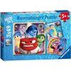 Pudełko puzzli marki Ravensburger z motywem z filmu "Inside Out" przedstawia kolorowe postacie z filmu na niebieskim tle. Na opakowaniu widnieje napis "Ravensburger Puzzle", "3x49", "Premium Puzzle", "Perfect Age Fit", oraz oznaczenie wiekowe "5+".