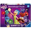 Fioletowe pudełko puzzli z napisem "Ravensburger Puzzle" oraz "Giant Floor Puzzle", przedstawiające postacie z filmu "Inside Out 2". Na opakowaniu widnieje informacja "60" na czerwonym tle w kształcie puzzla oraz oznaczenie wieku "4+" w niebieskim kółku.