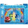 Opakowanie puzzli Ravensburger z motywem z filmu "Inside Out" przedstawia pięć postaci na tle kolorowej tęczy i napisów takich jak "Headquarters", "Dream", "Imagination Land", "Friendship" i "Subconscious". Na opakowaniu widnieje napis "Ravensburger Puzzl