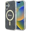 Czarne etui na telefon z przezroczystymi bokami, ozdobione wzorem w logo i dużym, jasnym okręgiem z napisem "Guess" na środku. W tle widoczny jest ekran telefonu z kolorową tapetą.