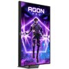 Monitor AOC Agon Pro AG276FK 27" wyświetla grafikę przedstawiającą postać w futurystycznym stroju na tle fioletowych i niebieskich efektów świetlnych, z widocznym napisem "AGON PRO" u góry ekranu. Na ramce monitora znajduje się napis "AGON".