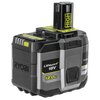 Czarny akumulator z żółtymi i szarymi elementami, na którym widnieje napis "Lithium+ 18V 12.0Ah" oraz "HIGH ENERGY". Na obudowie znajduje się logo "RYOBI" i oznaczenie "ONE+".