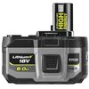 Na zdjęciu znajduje się akumulator o oznaczeniu "Lithium+ 18V 8.0Ah" z widocznym logo "RYOBI ONE+". Na górnej części akumulatora widnieje napis "HIGH ENERGY" oraz "Lithium+ 18V".