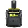 Na zdjęciu znajduje się akumulator z widocznym logo "RYOBI" na przedniej części obudowy. Na górze akumulatora widnieje napis "lithium+ 18V HIGH ENERGY" oraz cztery świecące zielone diody wskazujące poziom naładowania.
