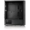 Czarna obudowa komputerowa z widocznym wnętrzem, posiada otwory na kable i miejsce na wentylator. Na ściance wewnętrznej widoczny jest tekst: "MB: Micro ATX, Mini ITX, Standard ATX".