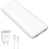Biały powerbank o gładkiej powierzchni z widocznymi portami i przyciskiem, obok znajduje się biała ładowarka z napisem "20W PD 3.0" oraz biały kabel z dwoma złączami USB-C.