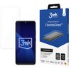 Opakowanie produktu "3mk Protection FlexibleGlass" jest w kolorze niebieskim z białymi napisami, zawierającymi informacje takie jak "premium protection" oraz "FlexibleGlass™". Obok opakowania znajduje się telefon z nałożonym szkłem ochronnym, a na ekranie