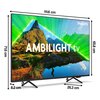 Telewizor z wyświetlaczem prezentującym krajobraz górski z zielonymi efektami świetlnymi, z widocznym napisem "AMBILIGHT tv" na ekranie. Wymiary telewizora to 111,6 cm szerokości, 71,6 cm wysokości, 8,2 cm głębokości, a wysokość z podstawą wynosi 65,8 cm;