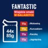 Na niebieskim tle znajduje się napis "FANTASTIC Wiejskie smaki W GALARETCE" oraz grafika przedstawiająca opakowanie z tekstem "44x 85g". Obok widnieją kolorowe prostokąty z napisami: "11x z Wołowiną", "11x z Kurczakiem", "11x z Kaczką", "11x z Jagnięciną".
