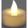 Na zdjęciu widoczna jest świeczka LED typu tea light z jasnym, świecącym płomieniem. Świeczka ma gładką, cylindryczną obudowę w jasnym kolorze.