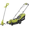 Na zdjęciu widoczna jest elektryczna kosiarka oraz podkaszarka w kolorze zielonym. Na kosiarce znajduje się napis "RYOBI" oraz "EASYEDGE 33 cm", a na podkaszarce widoczny jest napis "RYOBI".