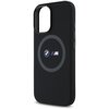 Czarne etui na telefon z logo BMW M umieszczonym centralnie na tle okręgu, co sugeruje kompatybilność z MagSafe. Po bokach etui znajdują się przyciski, a wokół otworu na aparat widoczna jest podwyższona krawędź.