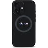 Czarne etui na telefon z widocznym logo BMW oraz literą "M" w kolorach niebieskim, fioletowym i czerwonym. Na środku znajduje się szary okrąg, który sugeruje kompatybilność z MagSafe.