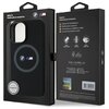 Czarne etui na telefon z logo BMW M i napisem "Compatible MagSafe System" znajduje się w opakowaniu z przezroczystym frontem. Na opakowaniu widnieją napisy: "BMW M. Mobile phone accessory", "Drop Protection", "Slim Profile", "Easy Snap-On" oraz informacje