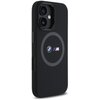 Czarne etui na telefon z widocznym logo BMW oraz literą "M" w kolorach niebieskim, fioletowym i czerwonym. Na etui znajduje się również szary okrąg wskazujący na kompatybilność z MagSafe.