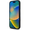 Czarne etui na telefon z widocznym przyciskiem bocznym, zaprojektowane dla modelu Apple iPhone 16. Na ekranie telefonu wyświetla się kolorowa, abstrakcyjna grafika w odcieniach niebieskiego, zielonego i pomarańczowego.