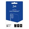 Niebieskie opakowanie produktu z białym logo "3mk Protection" oraz napisem "hybrid glass Lens Protection™". Na dole opakowania znajdują się ikony z napisami: "unbreakable", "4 pcs.", "200% stronger" oraz kod QR z tekstem "Lens Protection™ How to install t