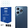 Opakowanie produktu "3mk hybrid glass Lens Protection" w kolorze niebieskim z białymi napisami i grafiką przedstawiającą telefon z trzema obiektywami. Obok znajduje się telefon z trzema obiektywami, na których nałożone są przezroczyste osłony.