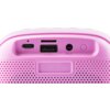 Różowy głośnik mobilny z widocznymi portami: USB-C, USB, TF, AUX oraz przyciskiem. Obok portów znajdują się napisy: "USB", "TF" i "AUX".