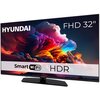 Telewizor marki Hyundai z ekranem wyświetlającym kolorową grafikę chmur, z widocznymi napisami: "HYUNDAI", "FHD 32"", "Smart WiFi" oraz "HDR". Produkt posiada czarną ramkę i podstawę.