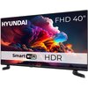 Na zdjęciu widoczny jest telewizor marki Hyundai z kolorowym, dynamicznym obrazem na ekranie. Na ekranie znajdują się napisy: "HYUNDAI", "FHD 40"", "Smart WiFi", "HDR".