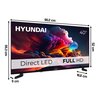 Telewizor marki Hyundai z ekranem o przekątnej 40 cali, wyświetlający kolorową grafikę, z widocznymi napisami "HYUNDAI", "Direct LED", "FULL HD" oraz wymiarami: 90,2 cm szerokości, 55,3 cm wysokości, 9 cm głębokości i 16,8 cm głębokości podstawy. Na ekran