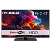 Telewizor z kolorowym, dynamicznym tłem chmur na ekranie, z widocznymi napisami: "HYUNDAI", "FHD 43"", "Smart WiFi", "HDR". Produkt umieszczony na czarnej podstawie.