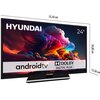 Telewizor marki HYUNDAI o przekątnej 24 cale z wyświetlaczem LED, na którym widoczna jest kolorowa grafika chmur. Na ekranie znajdują się napisy: "androidtv", "DOLBY DIGITAL PLUS", a wymiary telewizora to 55,50 cm szerokości, 36,00 cm wysokości i 13,50 cm