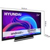 Telewizor marki Hyundai z ekranem 24 cale, wyświetlający kolorową grafikę z napisami: "HYUNDAI", "android tv", "DOLBY DIGITAL PLUS". Wymiary telewizora to 55,50 cm szerokości, 36,00 cm wysokości i 13,50 cm głębokości.