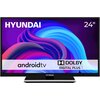 Telewizor z logo "HYUNDAI" i napisem "24''" na ekranie, z kolorowym tłem w odcieniach fioletu i niebieskiego, oraz napisami "android tv" i "DOLBY DIGITAL PLUS". Na dolnej ramce widoczne jest logo "HYUNDAI".