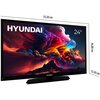 Telewizor marki HYUNDAI o przekątnej 24 cale, z kolorowym obrazem przedstawiającym dynamiczne chmury i góry, ma wymiary 55,50 cm szerokości, 36,00 cm wysokości i 13,50 cm głębokości. Na ekranie widoczne jest logo HYUNDAI oraz oznaczenie "24"".