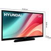 Telewizor marki HYUNDAI o przekątnej 24 cale, z kolorowym ekranem i czarną ramką, ma wymiary 55,50 cm szerokości, 36,00 cm wysokości i 13,50 cm głębokości. Na ekranie widoczne jest logo "HYUNDAI" oraz oznaczenie "24''".