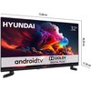 Telewizor marki HYUNDAI o przekątnej 32 cale, z widocznymi napisami "androidtv" oraz "DOLBY DIGITAL PLUS", przedstawia kolorowy obraz chmur. Wymiary telewizora to 73,00 cm szerokości, 46,50 cm wysokości i 17,50 cm głębokości.