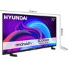 Telewizor marki HYUNDAI o przekątnej 32 cale z wyświetlaczem LED, prezentuje kolorową grafikę na ekranie z napisami "android tv" oraz "DOLBY DIGITAL PLUS". Wymiary telewizora to 73,00 cm szerokości, 46,50 cm wysokości i 17,50 cm głębokości.
