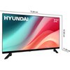 Telewizor marki HYUNDAI o przekątnej 32 cale, z kolorowym ekranem i wymiarami 73,00 cm szerokości, 47,00 cm wysokości oraz 17,00 cm głębokości. Na ekranie widoczne jest logo HYUNDAI oraz oznaczenie "32''".