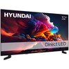 Na zdjęciu widoczny jest telewizor z kolorowym wyświetlaczem, na którym dominują intensywne barwy chmur i światła. Na ekranie znajduje się tekst: "HYUNDAI 32'' Direct LED".
