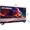 Telewizor marki HYUNDAI o przekątnej 32 cale z kolorowym obrazem chmur na ekranie, z napisem "Direct LED". Wymiary telewizora to 73,00 cm szerokości, 47,00 cm wysokości i 17,50 cm głębokości.