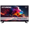 Na zdjęciu znajduje się telewizor z kolorowym obrazem przedstawiającym dynamiczne chmury, z widocznym logo "HYUNDAI" oraz napisem "32'' Direct LED".