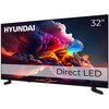 Telewizor z kolorowym obrazem przedstawiającym dynamiczne chmury, z widocznym logo "HYUNDAI" oraz napisem "32'' Direct LED". Na dole ekranu znajduje się napis "HYUNDAI".