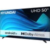 Telewizor marki Hyundai z napisem "UHD 50" oraz grafiką w odcieniach niebieskiego. Na ekranie widoczne są napisy: "android tv" i "Dolby Atmos".