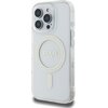 Przezroczyste etui na telefon z widocznym napisem "GUESS EST. 1981" oraz błyszczącym okręgiem wokół napisu. Etui posiada wycięcia na aparat i przyciski, a jego powierzchnia jest gładka i połyskująca.