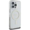 Przezroczyste etui na telefon z widocznym napisem "GUESS EST. 1981" umieszczonym wewnątrz błyszczącego okręgu. Etui jest zaprojektowane z myślą o funkcji MagSafe i posiada wycięcia na aparat oraz przyciski boczne.